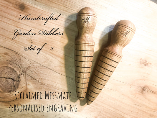Two Handmade garden dibbers for sale. Turned on the lathe from Reclaimed messmate timber with personalised engraving which makes a great gift. Buy yours today.